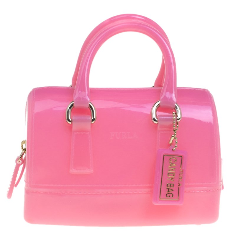 Pre Owned Furla Pink Glossy Rubber Mini Candy Satchel