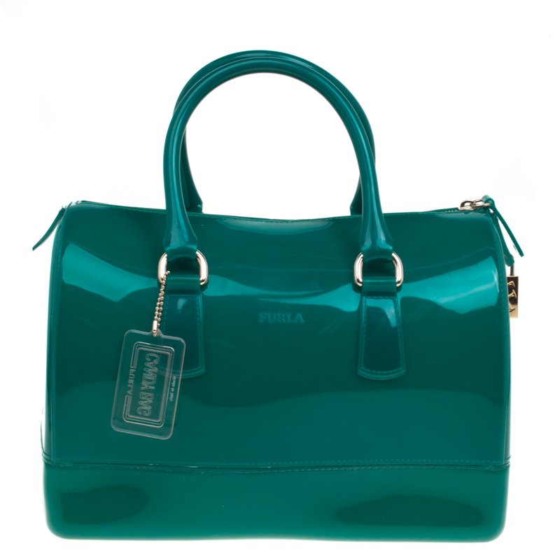 Pre Owned Furla Teal Green Glossy Rubber Candy Satchel