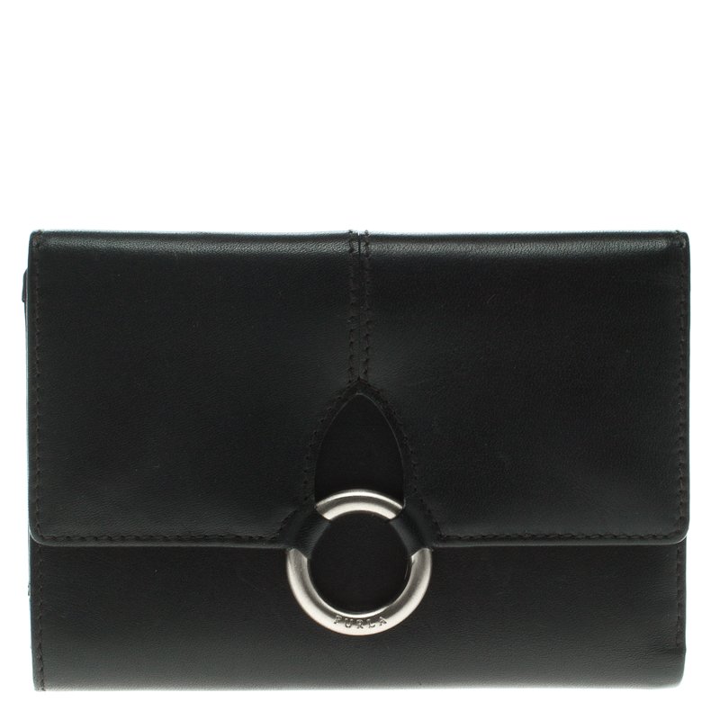 Pre Owned Furla Black Leather Tri Fold Wallet