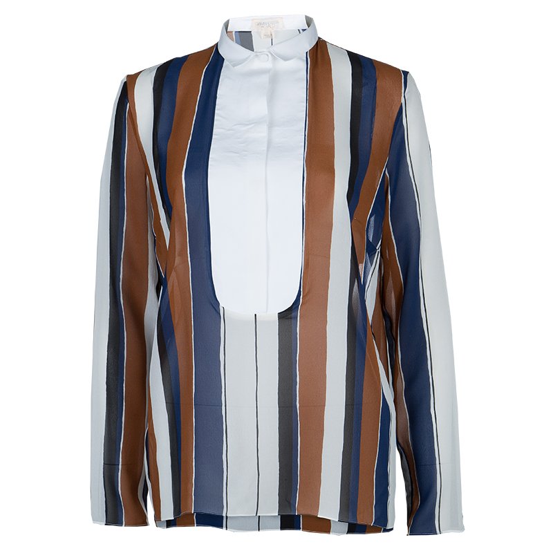 Giambattista Valli Multicolor Striped Contrast Bib Silk Blouse XS/S