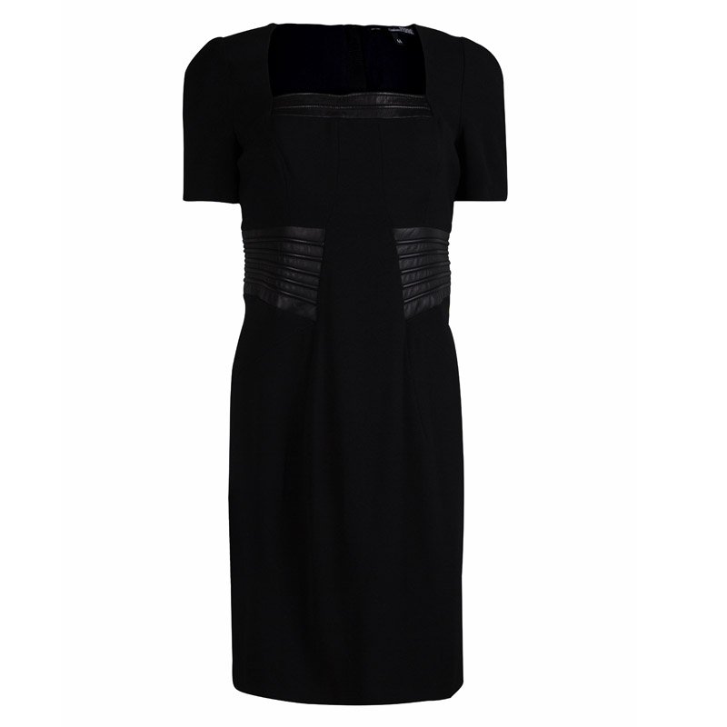 Pre Owned Gianfranco Ferre Black Leather Panel Short Sleeve Wool Dress M