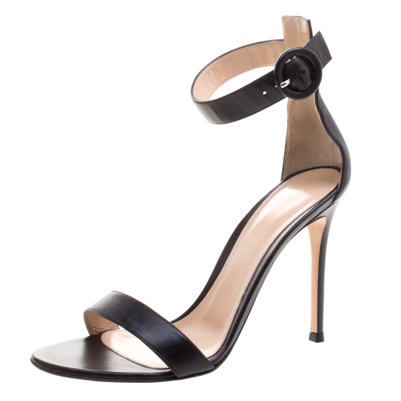 Pre Owned Gianvito Rossi Black Leather Portofino Ankle Strap Sandals Size 38.5