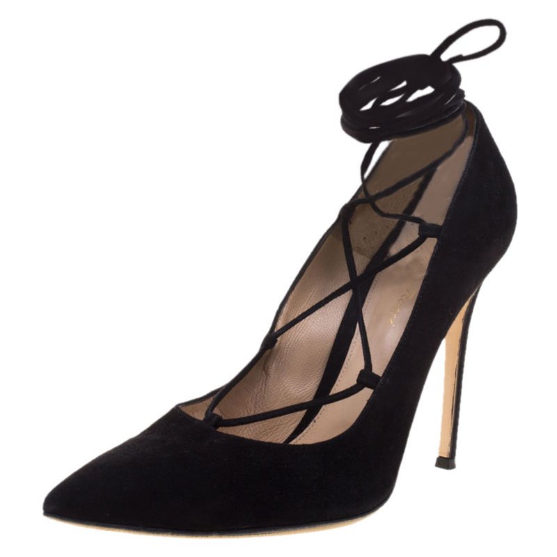 Pre Owned Gianvito Rossi Black Suede Femi Lace up Pointed Toe Pumps Size 42