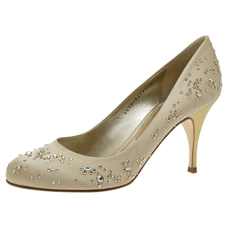 Gina Beige Satin Embellished Anny Pumps Size 38.5 Gina | The Luxury Closet