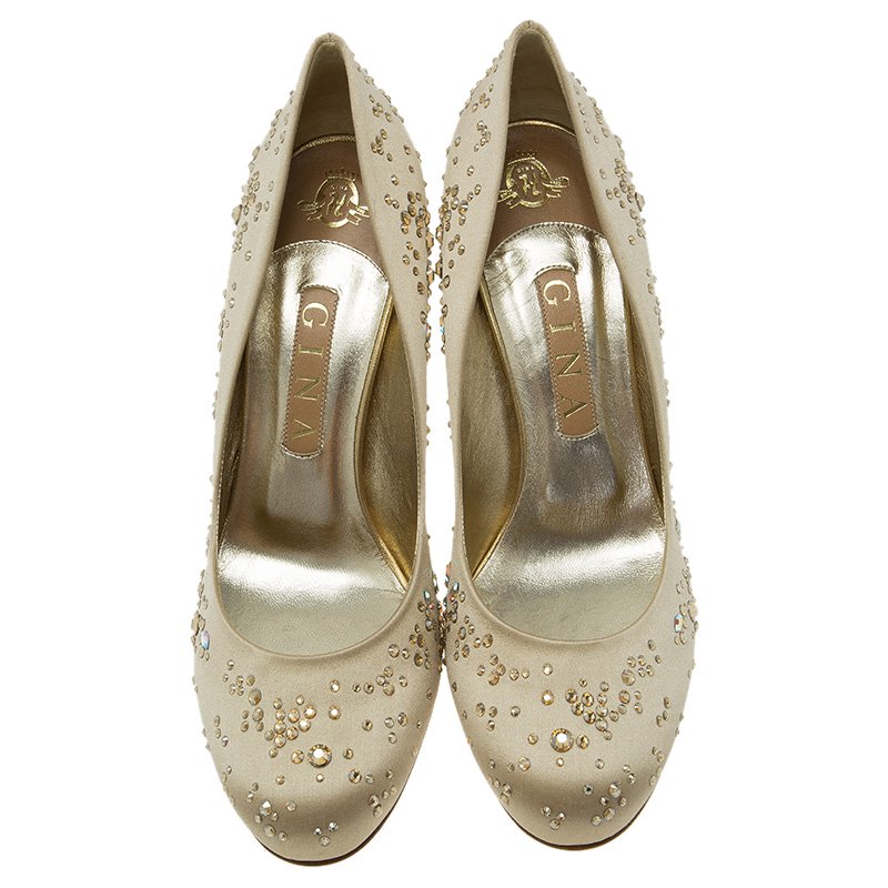 Gina Beige Satin Embellished Anny Pumps Size 38.5 Gina | TLC