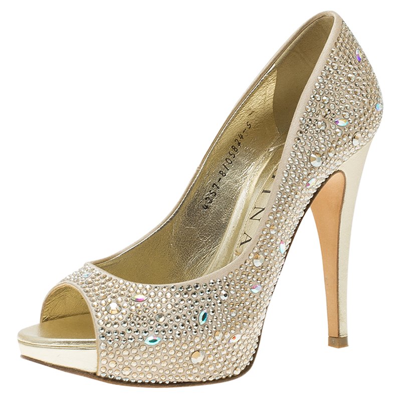Pre Owned Gina Gold Leather and Crystal Embellished Satin Platform Pumps Size 38