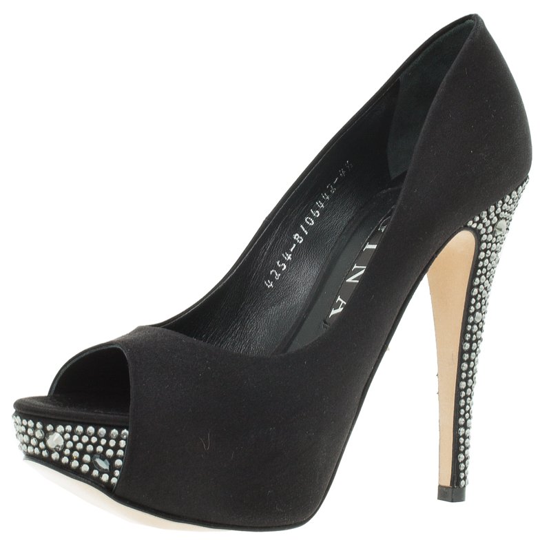 مملوكة مسبقًا Gina Black Crystal Embellished Satin Platform Pumps Size 37.5