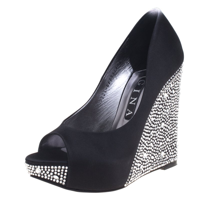Pre Owned Gina Black Crystal Embellished Satin Belle Open Toe Wedge Pumps Size 38