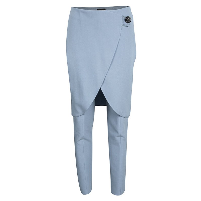 Pre Owned Giorgio Armani Blue Overlap Skirt Detail Wool Trousers S