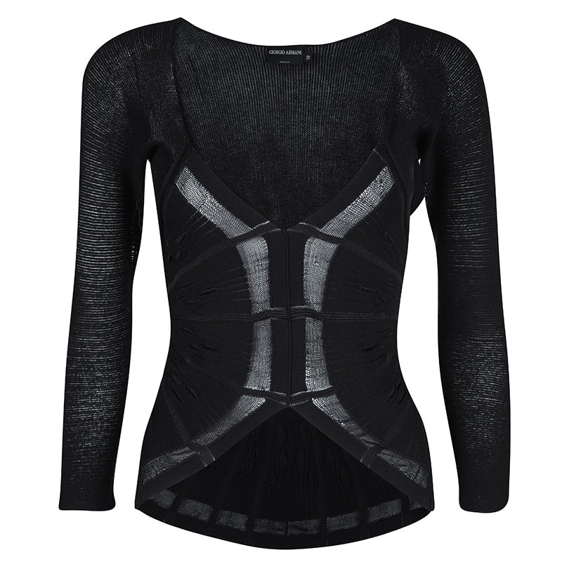 Pre Owned Giorgio Armani Black Knit Backless Long Sleeve Stretch Top S