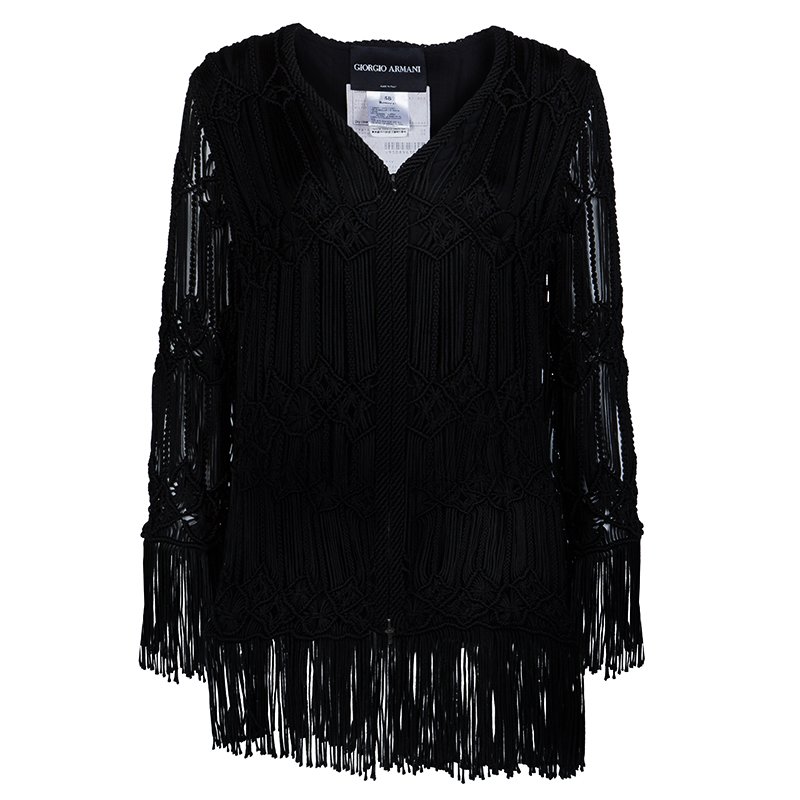 Pre Owned Giorgio Armani Black Knotted Yarn Surface Detail Zip Front Jacket S