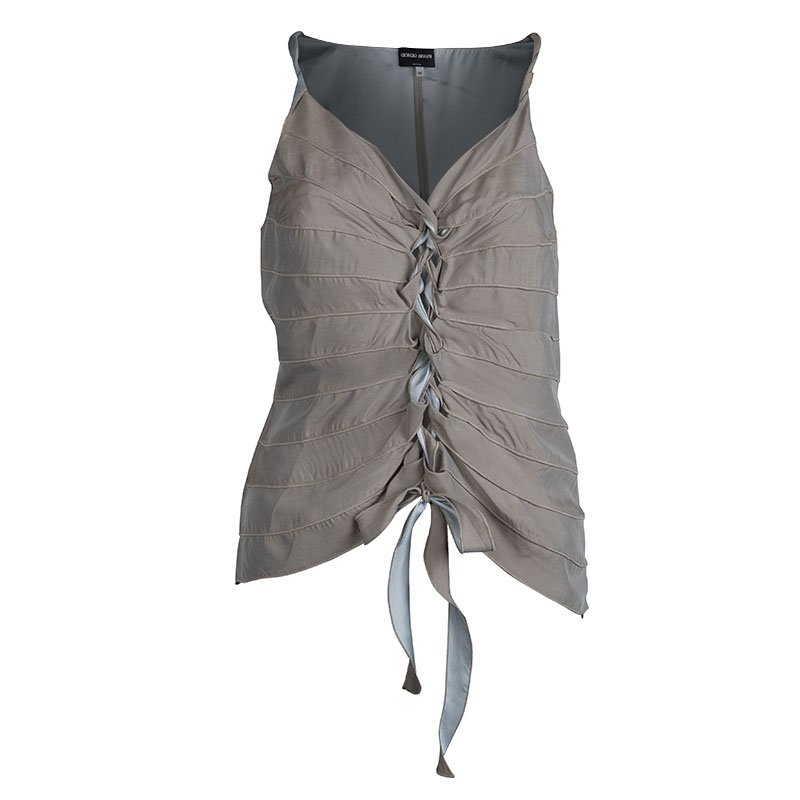 Pre Owned Giorgio Armani Beige Silk Sleeveless Tie Up Top S