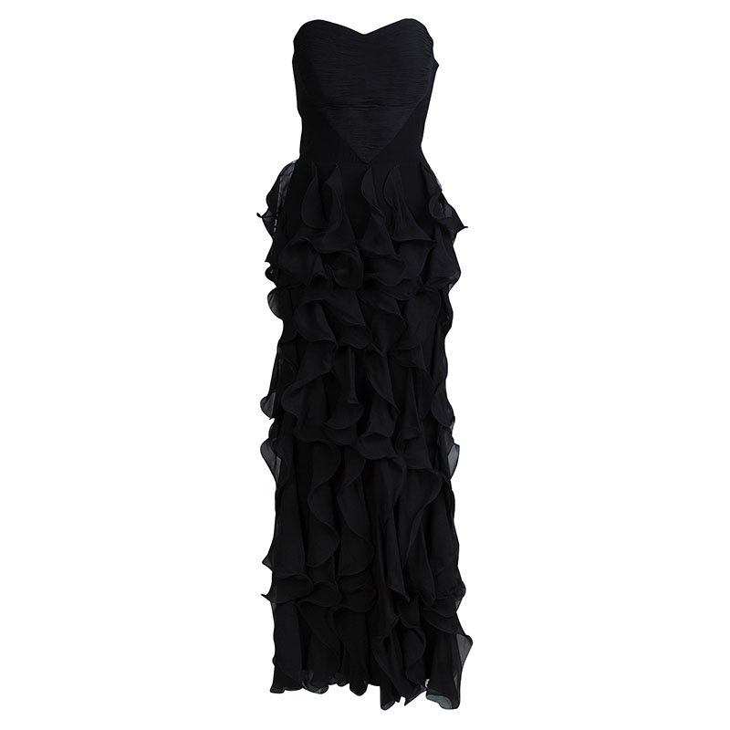 Pre Owned Giorgio Armani Black Silk Ruffle Detail Strapless Maxi Dress M
