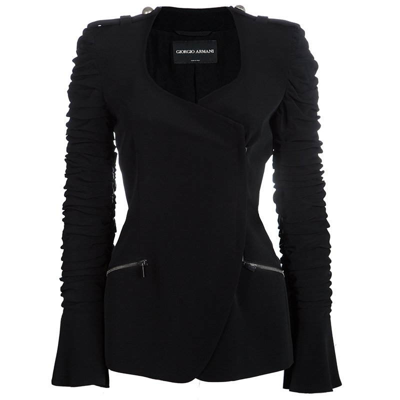 Pre Owned Giorgio Armani Black Ruched Sleeve Zip Detail Blazer S