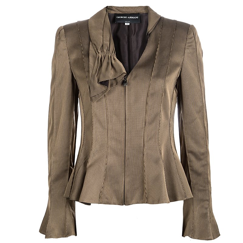 Giorgio Armani Brown Striped Draped Collar Detail Zip Front Jacket S