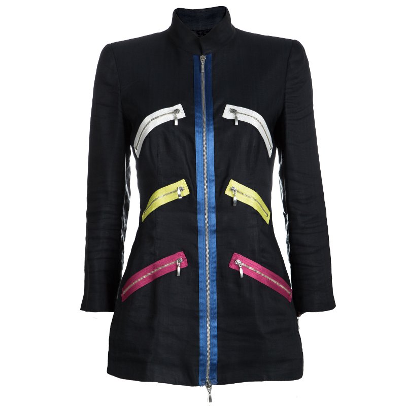 Pre Owned Giorgio Armani Navy Blue Multicolor Zip Detail Jacket S
