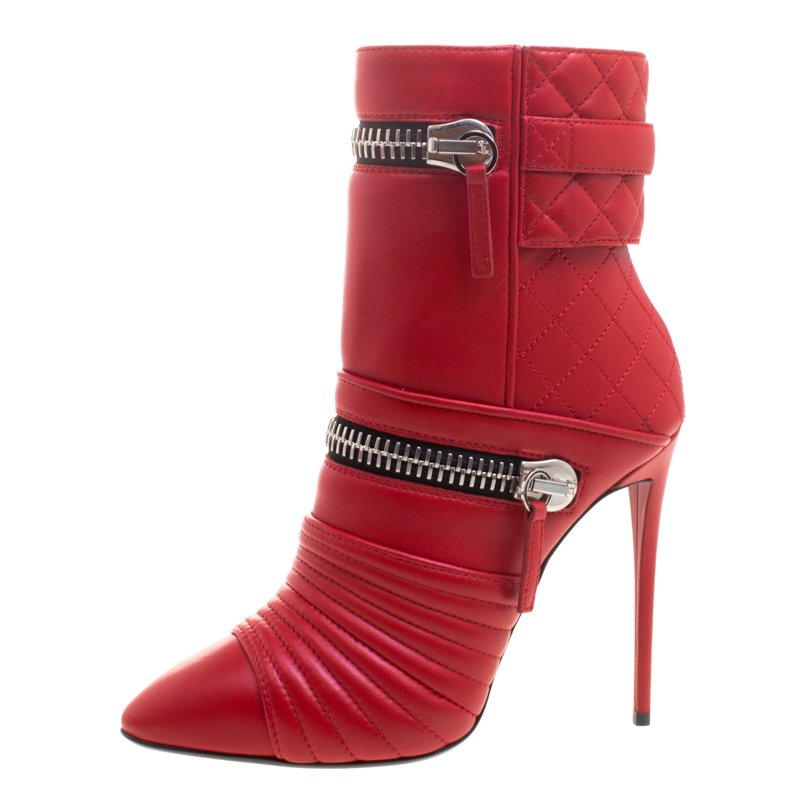 Pre Owned Giuseppe Zanotti Red Quilted Leather Double Zip Accent Boots Size 37
