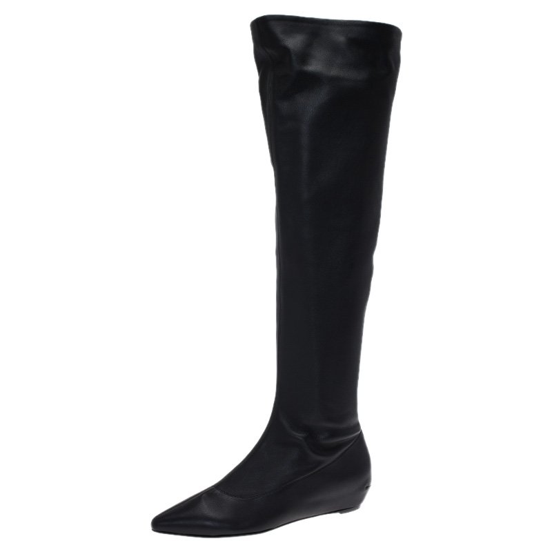 Pre Owned Giuseppe Zanotti Black Leather Pointed Wedge Over the Knee Boots Size 40
