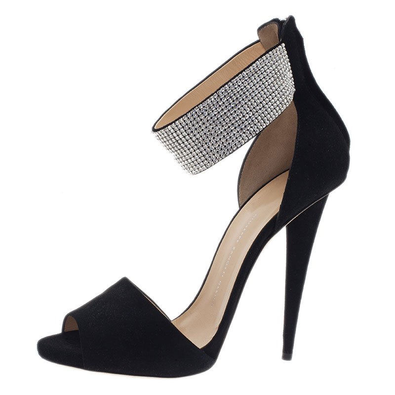 Pre Owned Giuseppe Zanotti Black Crystal Embellished Suede Ankle Strap Sandals Size 41