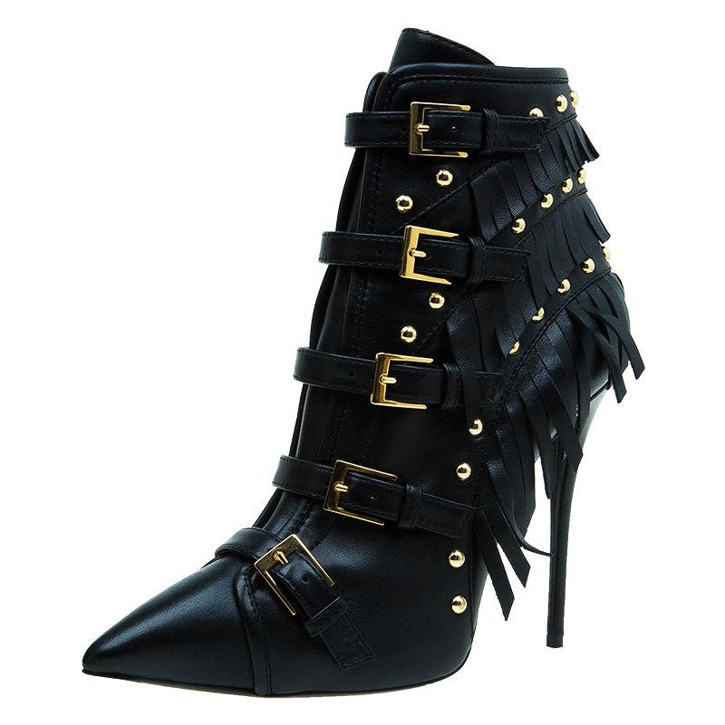 Pre Owned Giuseppe Zanotti Black Leather Yvette Fringe Studded Leather Ankle Boots Size 40
