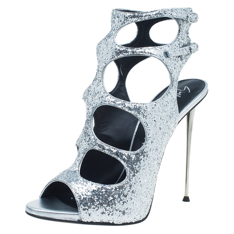 Pre Owned Giuseppe Zanotti Silver Glitter Cutout Ankle Sandals Size 38