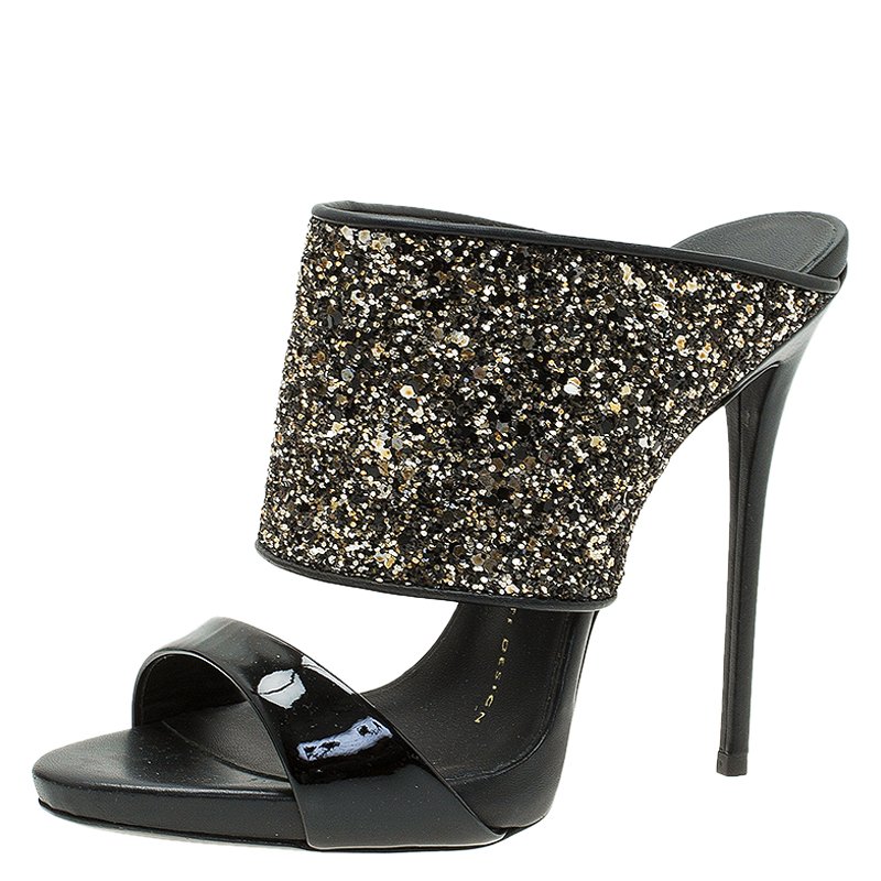 Pre Owned صندل سلايد جوسيبي زانوتي غليتر أسود وفضي مقاس 36