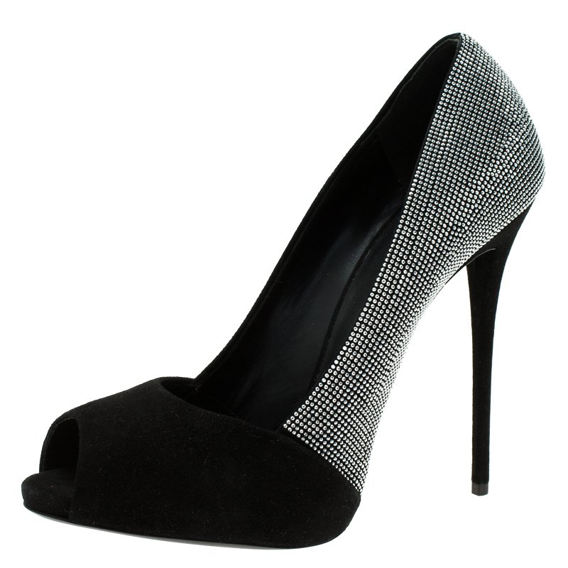 Pre Owned Giuseppe Zanotti Black Suede Studded Peep Toe Pumps Size 40
