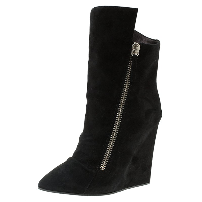 Pre Owned Giuseppe Zanotti Black Suede Wedge Ankle Boots Size 37