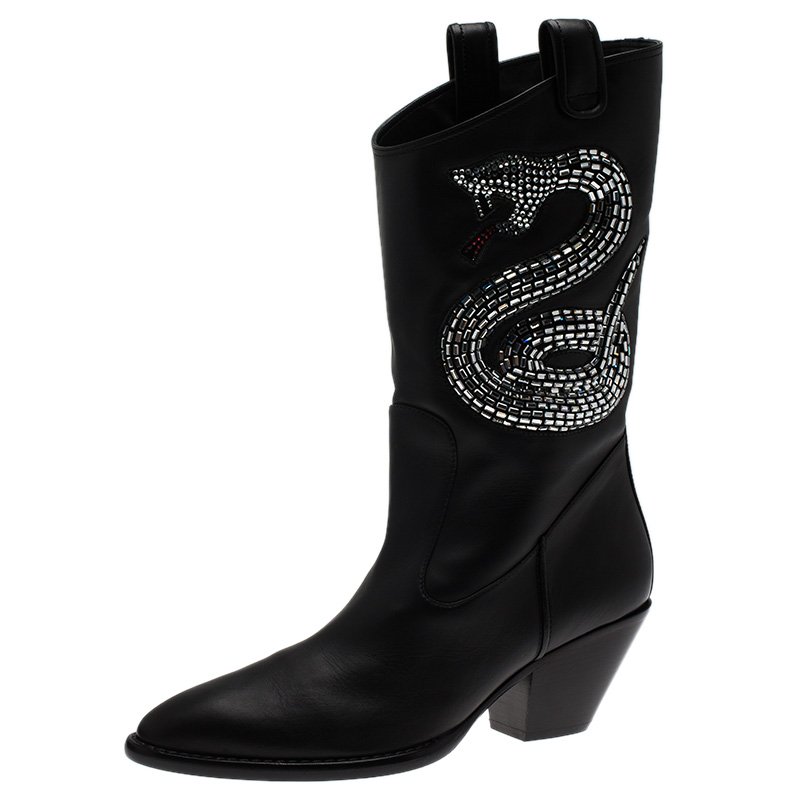 Pre Owned Giuseppe Zanotti Black Snake Embellished Leather Guns 55 Cowboy Boots Size 41