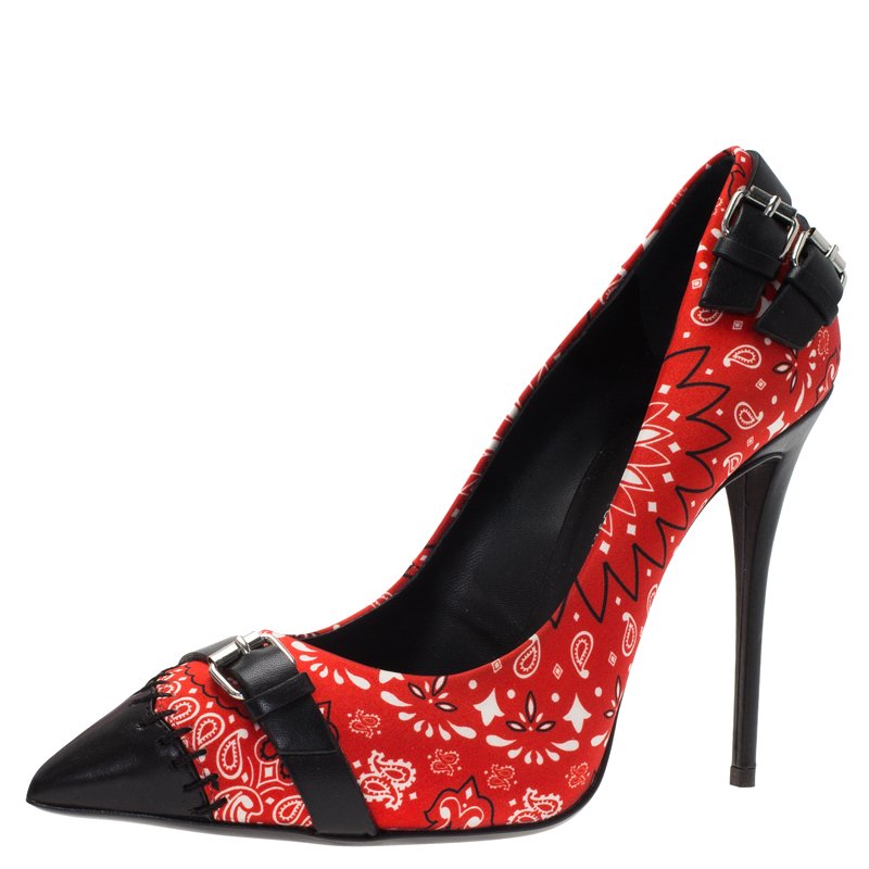 Pre Owned Giuseppe Zanotti Red Floral Satin and Leather Pumps Size 37.5