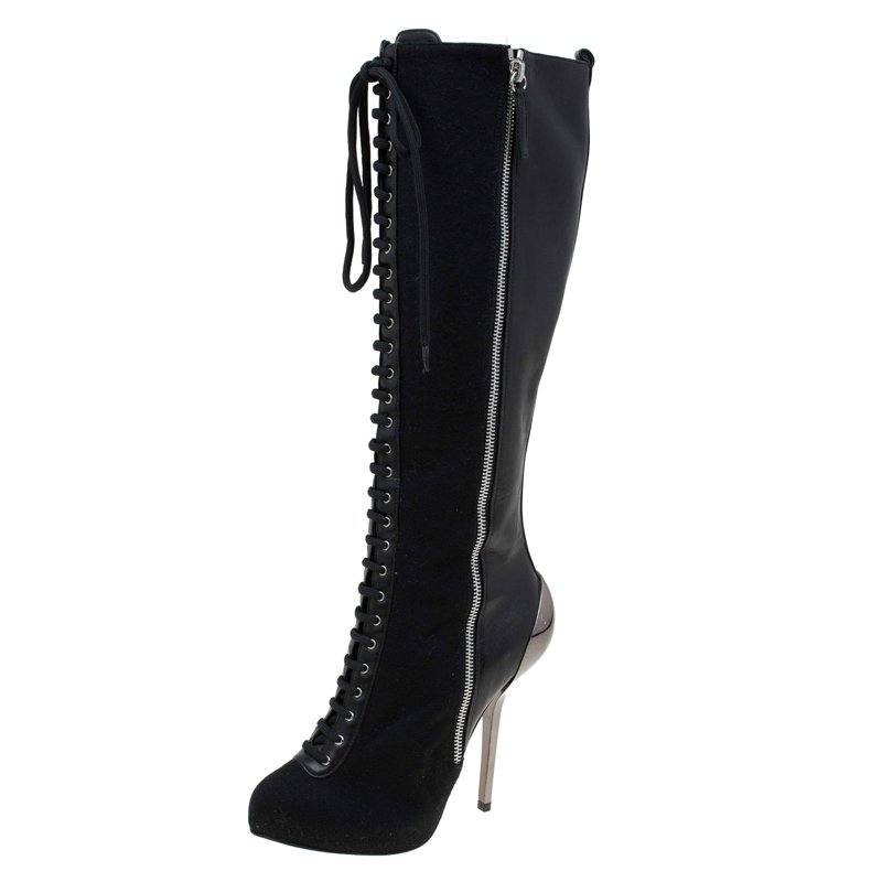 Giuseppe Zanotti Black Leather Lace Up Metal Heel Knee Boots Size 36