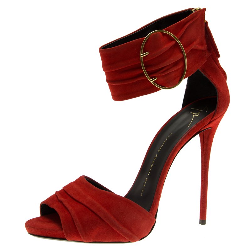 Pre Owned Giuseppe Zanotti Red Pleated Suede Ankle Strap Sandals Size 40