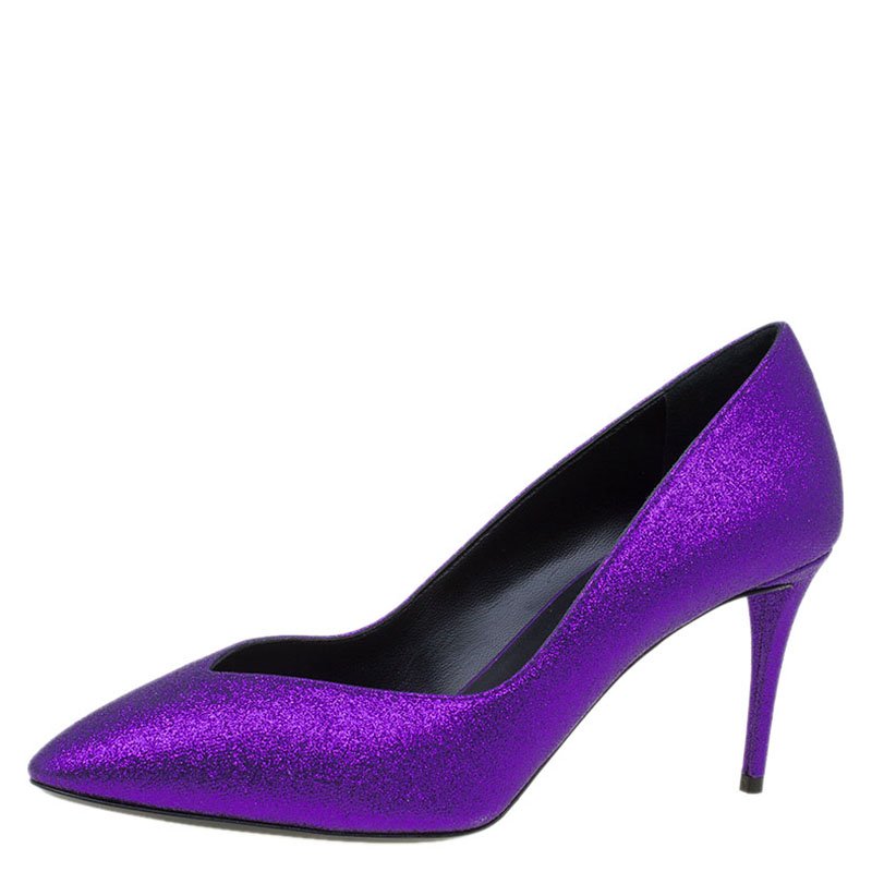 Pre Owned Giuseppe Zanotti Purple Glitter Olinda V Throat Pumps Size 38
