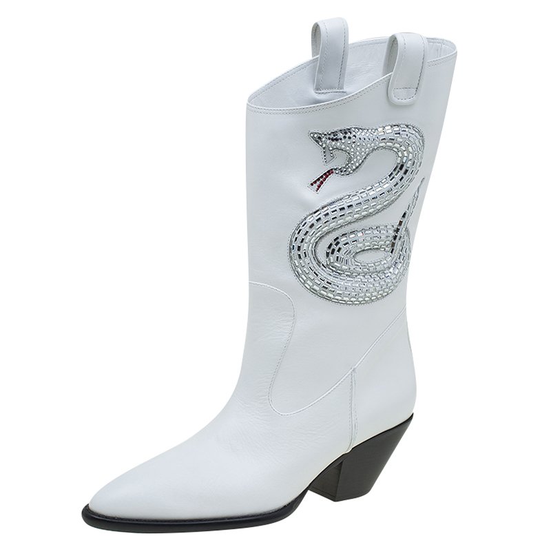 Giuseppe Zanotti White Snake Embellished Leather Guns 55 Cowboy Boots Size 41