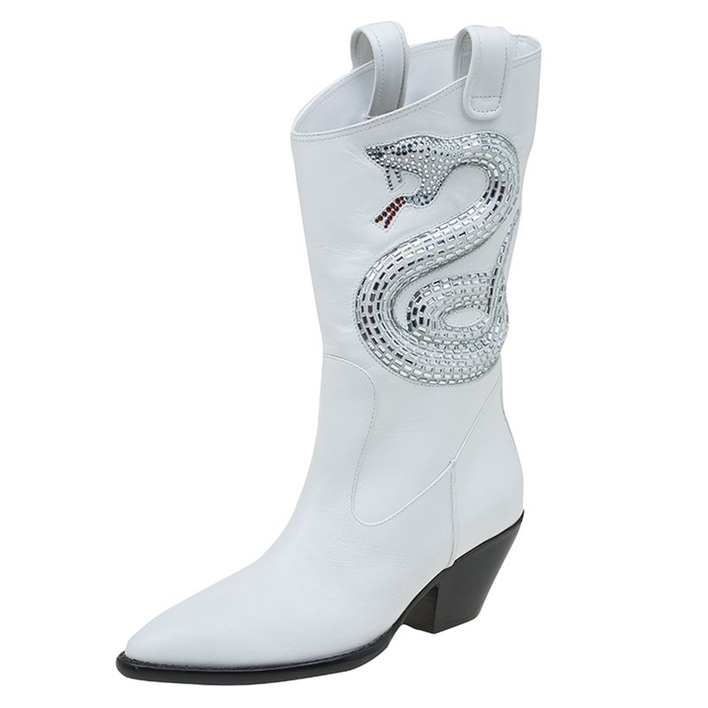 Giuseppe Zanotti White Snake Embellished Leather Guns 55 Cowboy Boots Size 38.5