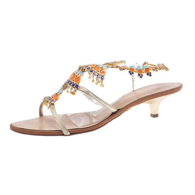 Pre Owned Giuseppe Zanotti Gold Leather Jeweled T-Strap Sandals Size 40