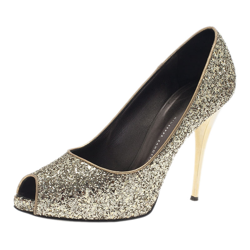 Pre Owned Giuseppe Zanotti Gold Glitter Peep Toe Pumps Size 40