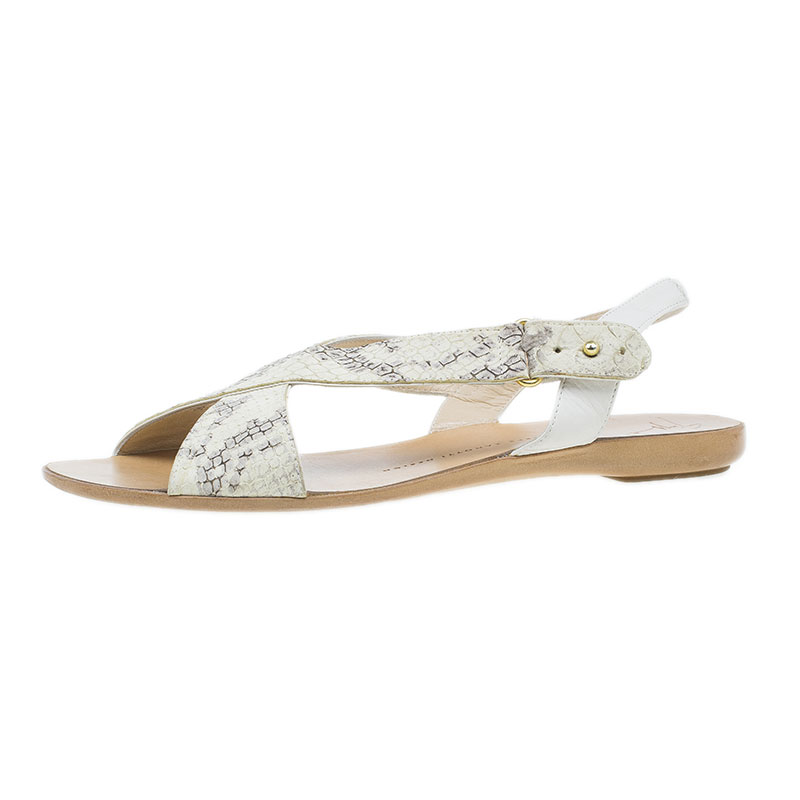 Pre Owned Giuseppe Zanotti Cream Python Embossed Flat Sandals Size 37.5