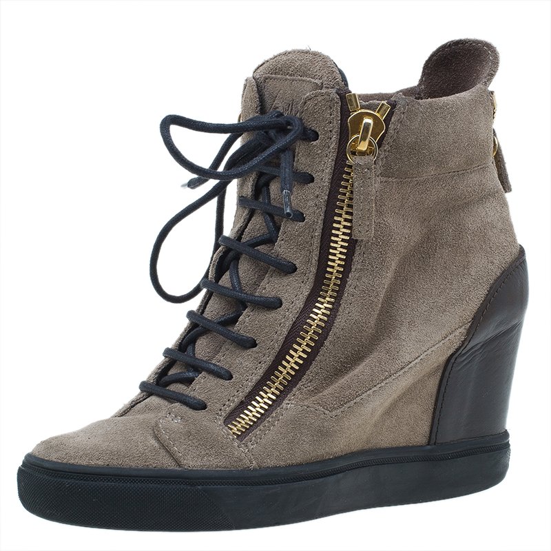 Pre Owned Giuseppe Zanotti Tan Suede Wedge Zip Sneakers Size 37