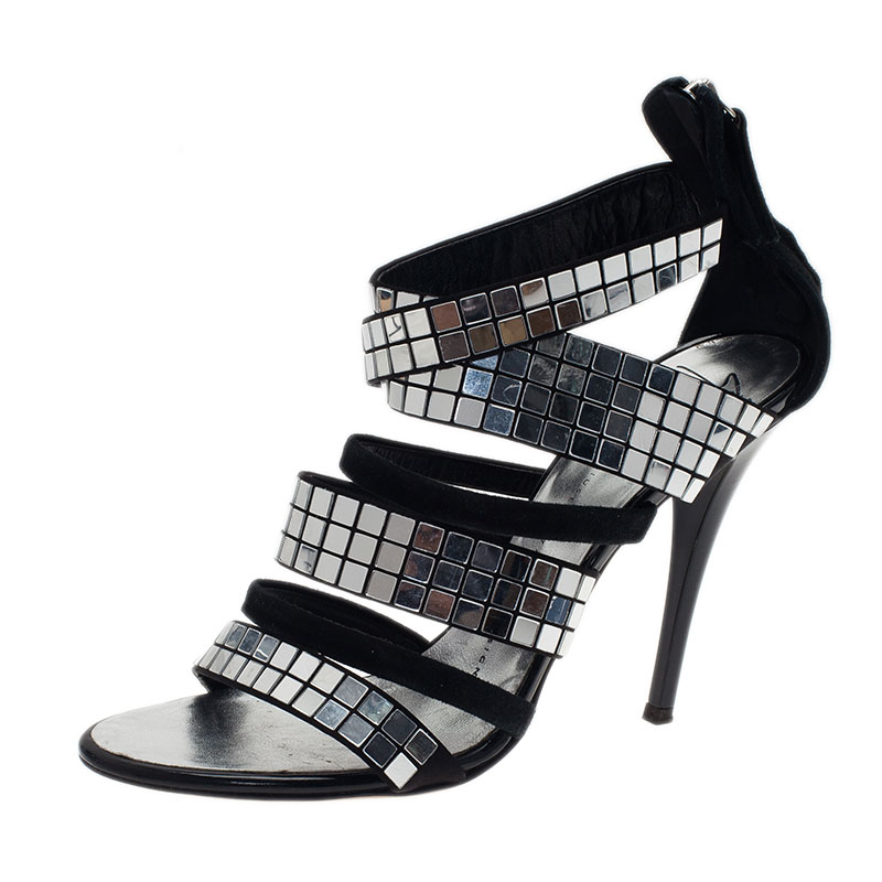 Pre Owned Giuseppe Zanotti Black Suede Mirror Strappy Sandals Size 39.5