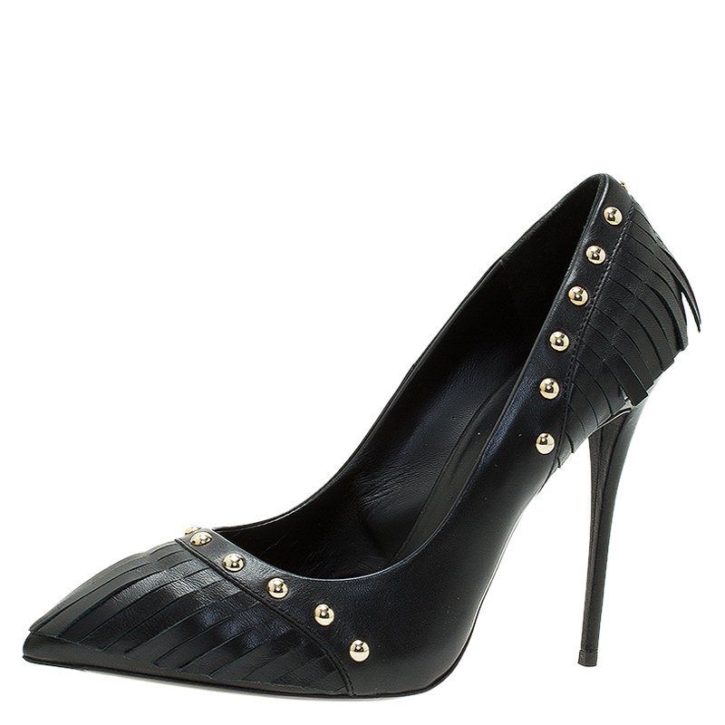 Pre Owned Giuseppe Zanotti Black Leather Studded Fringe Pumps Size 38.5