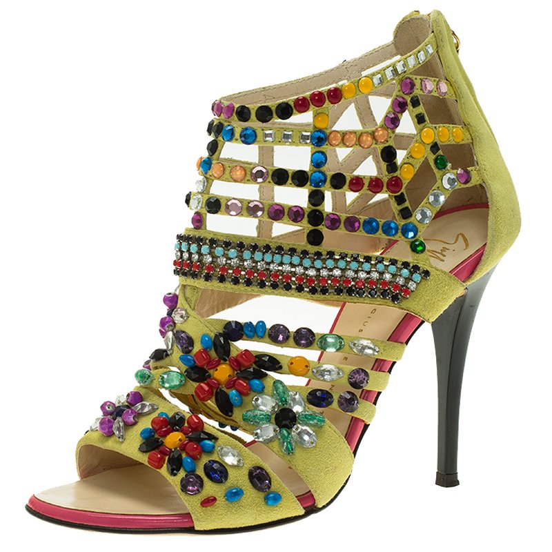 Pre Owned Giuseppe Zanotti Yellow Beaded Suede Back Zip Sandals Size 36