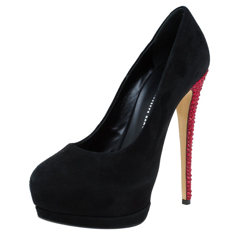 مملوكة مسبقًا Giuseppe Zanotti Black and Red Embellished Suede Platform Pumps Size 38