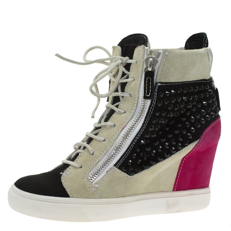 Pre Owned Giuseppe Zanotti Multicolor Embellished Suede Wedge Sneakers Size 40