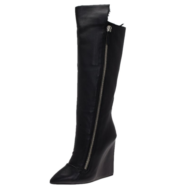Giuseppe Zanotti Black Leather and Fur Lining Guaz Knee Boots Size 38