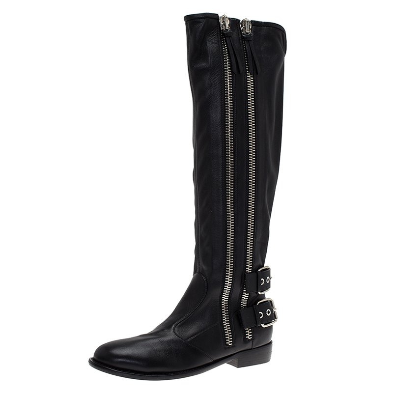 مملوكة مسبقًا Giuseppe Zanotti Black Leather Zip Trimmed Cobain Knee Boots Size 41