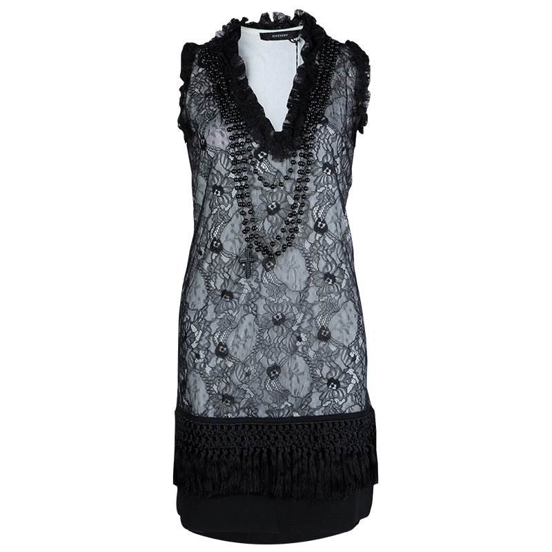 Givenchy Black Lace Beaded Necklace Detail Tassel Bottom Sleeveless Dress M