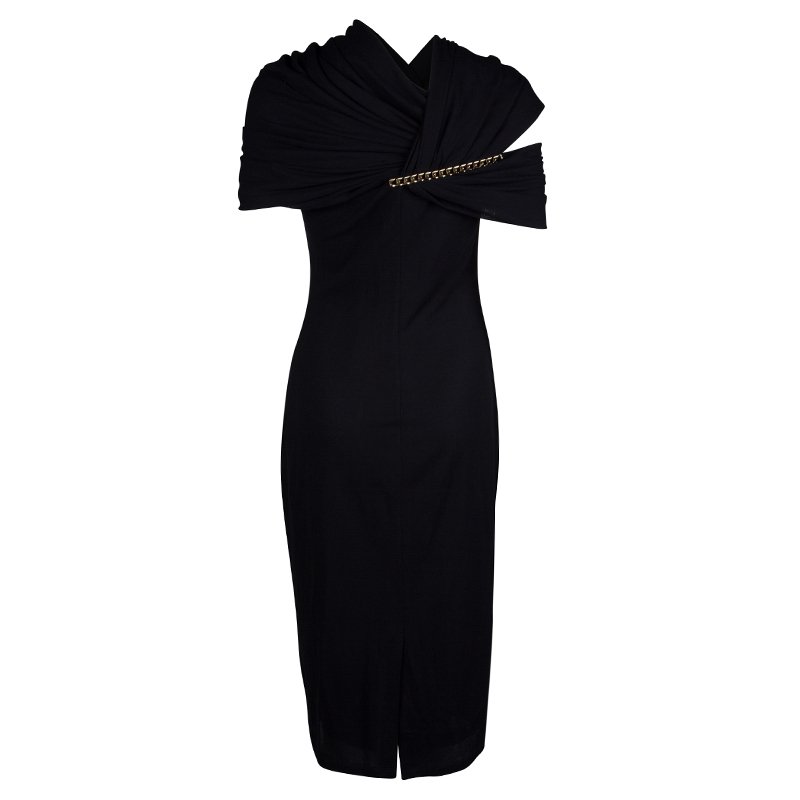 Pre Owned Givenchy Black Knit Draped Shoulder Fitted Midi Dress M