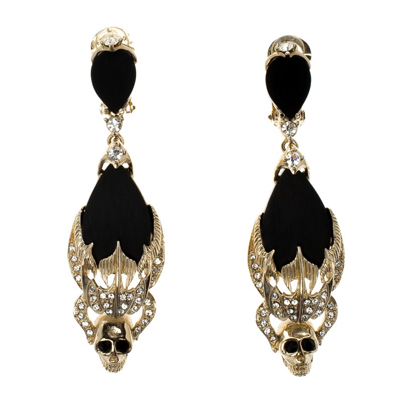 Givenchy Skull Black Resin Crystal & Gold Tone Long Clip-on Earrings