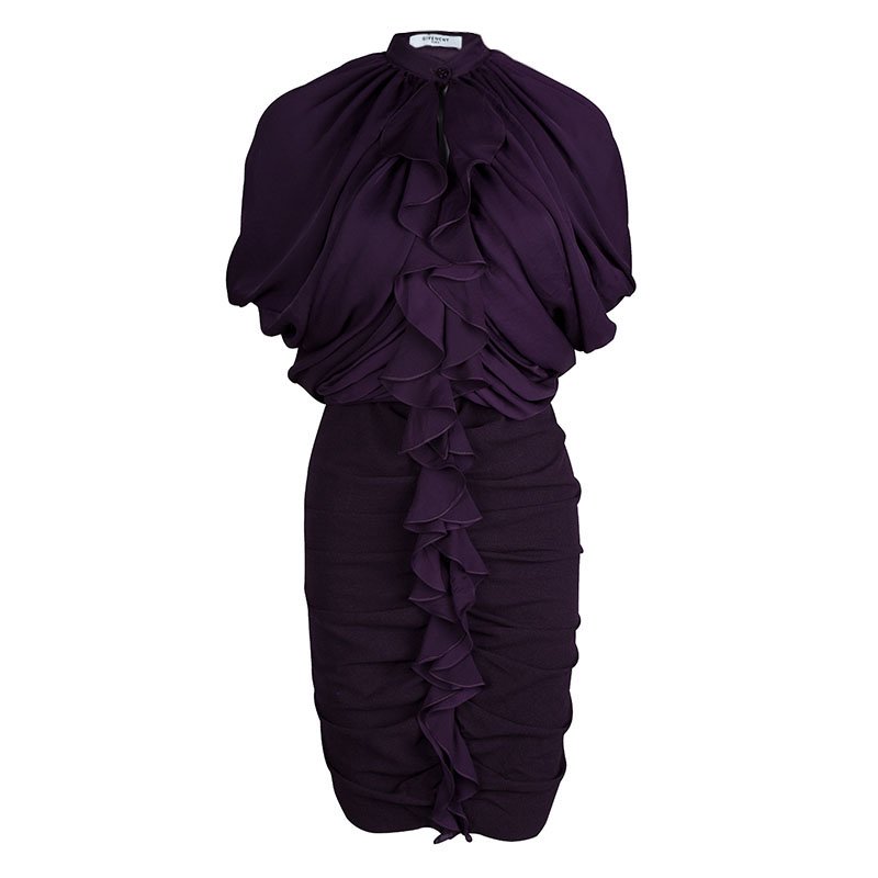 Pre Owned Givenchy Purple Draped Ruffle Detail Zip Front Ruched Dress M
